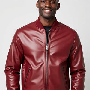 <b>Men's</b> Genuine <b>Leather</b> High Street Varsity Jacket Crew Neck Loose Fit Eco-Friendly Windproof Front Logo - Product Image 3