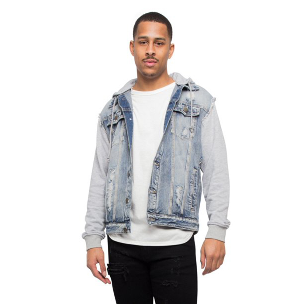 Hooded Jacket Jean Jacket With Fabric Sleeves Stylish Men's