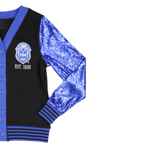 Cardigan Zeta Phi Beta con paillettes nere con maniche blu con Logo ricamato Est 1920 abbigliamento da donna Premium - Product Image 3