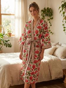 Bata Kimono de Algodón con Estampado Floral Rojo Hecho a Mano para Mujer, Túnica India Ligera, Tallas Grandes - Product Image 4