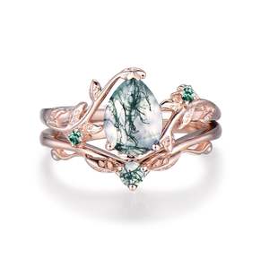 925 plata esterlina en forma de pera ágata musgo con diseño de hoja anillo de bodas para mujer anillo de compromiso - Product Image 1