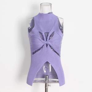 High Quality <b>Women's</b> XS Tank Top Sexy Hollow Twist Front Knitted <b>Vest</b> Lace Short Fitness Solid Shoulder High Neck Cut <b>Sweater</b> - Product Image 1