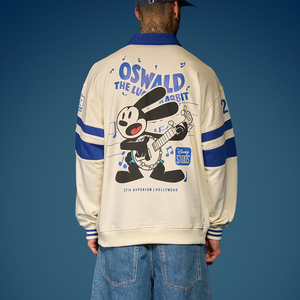 เสื้อสเวตเชิ้ตโอเวอร์ไซส์พิมพ์ลาย Oswald Lucky Rabbit แขนเสื้อแบบริบ มีปก สไตล์สตรีทแวร์ พิมพ์ลายทางสีน้ำเงิน - Product Image 2