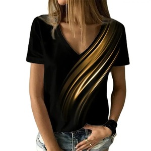 Camiseta de moda de gran tamaño con cuello en V de manga corta sencilla con estampado de rayas 3D para mujer, Top largo informal - Product Image 1