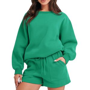 Sweatshirts à col rond personnalisés pour femmes, ensemble de vêtements pour femmes en deux pièces, sweat-shirt à épaules tombantes et short pour femmes, été - Product Image 1