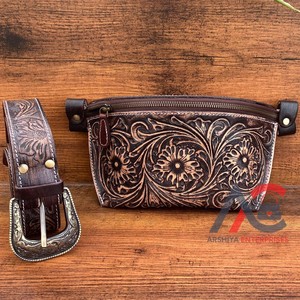 Riñoneras de cuero con herramientas para mujer, venta al por mayor, riñonera Vintage de cuero de vaca, riñonera de cuero con patrón Floral marrón occidental - Product Image 1