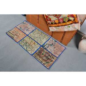 1.6x3.3 ft Turkish Small Rug, <b>Brown</b> Blue Vintage Check <b>Wool</b> Rug - Product Image 3