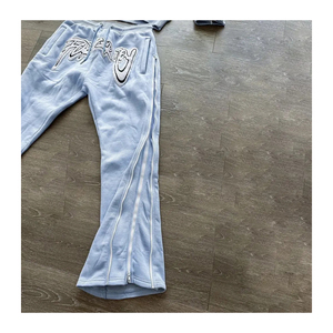 Conjuntos de dos piezas de invierno personalizados para hombre, Sudadera con capucha y borde de dobladillo crudo cortado con estampado de algodón, pantalón acampanado, chándal con logotipo apilado - Product Image 4