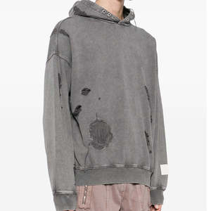 Nouveau style – Sweat à capuche déchiré pour homme, printemps, en polyester/coton, avec appliques, streetwear, haute qualité, épaules tombantes - Product Image 2