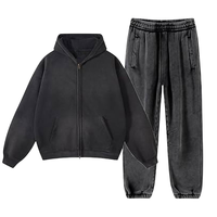 Ensemble de survêtement vintage noir et gris délavé à l'acide pour homme – Veste polaire zippée et pantalon de jogging – Style streetwear hiver 100 % coton