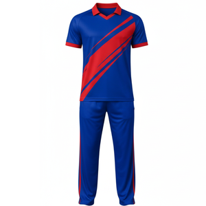 Uniforme de Cricket Azul al por Mayor para Hombre, Jersey y Pantalón de Cricket Sublimados Transpirables con Rayas Diagonales Rojas, Conjunto Profesional - Product Image 1