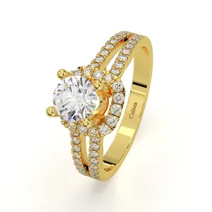 戒指10k黄金圆形明亮切割锆石四爪双通道侧石精品珠宝经典卡利斯塔珠宝