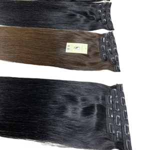 Super doble dibujado brillante sedoso negro y marrón alta calidad cutícula alineada Raw Virgin Clip Ins extensión de cabello humano - Product Image 1