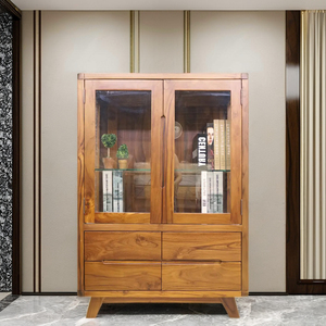 Gabinete bajo de teca de estilo nórdico para muebles del hogar 2 puertas y 4 cajones con patas cónicas para almacenamiento en la sala de estar - Product Image 1