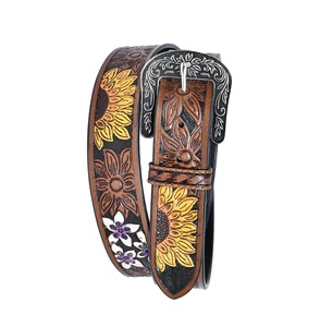 Hot Selling Unisex Sunflower Floral <b>Tooled</b> <b>Leather</b> Horse <b>Belts</b> Customized Beaded <b>Belts</b> with Fancy Buckles Durable Manufacturers - Product Image 2