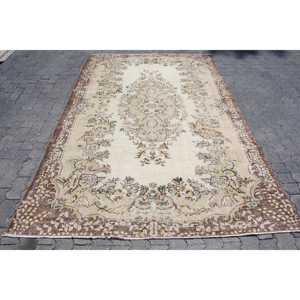 พรมวินเทจขนาด 6x6 ฟุต, พรมตุรกี, พรมขนสัตว์สีน้ำตาลขาวลายปะติด - Product Image 1