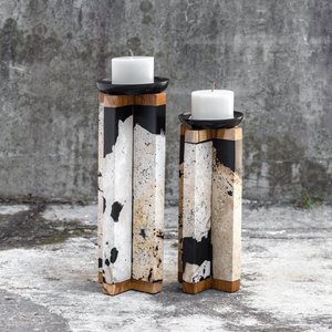 Bougeoir décoratif artisanal avec motif abstrait en pierre noire et blanche et bois élégant pour une touche contemporaine - Product Image 1