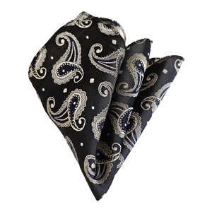Elegant Pocket <b>Square</b> with Ivory Blue Paisley Pattern on Black - Product Image 1