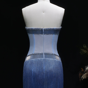 Vestido de Noche Moderno Jancember LSZ520 Azul Claro con Flecos y Borlas, Vestido de Fiesta Tipo Columna sin Tirantes con Efecto Ilusión - Product Image 5