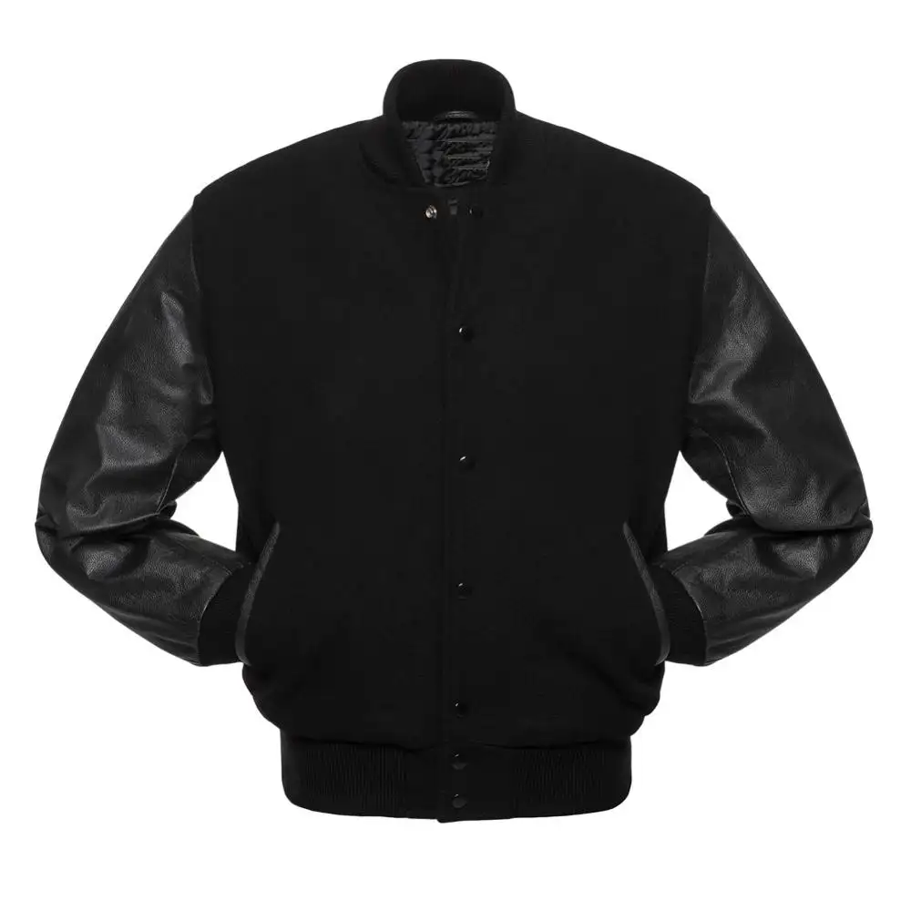 Hakiki beyaz inek deri kollu ile Letterman Varsity ceketler yamalar özel ucuz koyu siyah yün Varsity ceketler