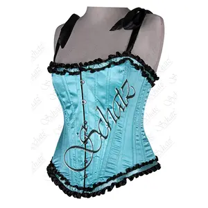 Overbust Corset 14 Plastic Boned Green pink red Black Light Blue Sexy Women Satin Waist Bustier Top for Party Club Wear