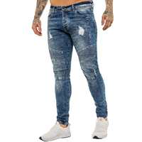 Jean slim en coton pour homme, coupe ajustée, avec fermeture éclair personnalisée, patchs en cuir déchirés, coutures, délavage vieilli, style pantalon crayon, rivets, OEM