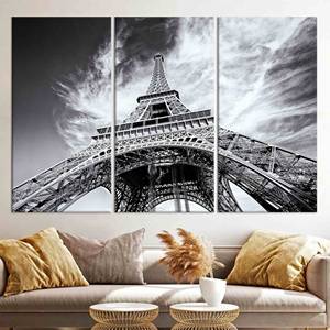Impresión artística de la Torre Eiffel: Paisaje de París, lienzo con marco dorado, juego de 3 lienzos - Product Image 1