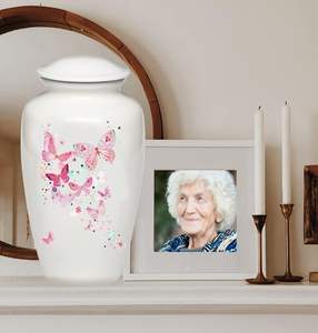 Urna de cremación con flores de mariposas rosas, urna funeraria blanca para cenizas humanas, hecha a mano en aluminio, urna de tamaño personalizado adecuada - Product Image 4