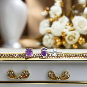 Handmade 5-7mm Genuine Amethyst <b>Stud</b> Earrings Classic Style Raw <b>Silver</b>-Plated Jewelry for Women February Birthstone Gift - Product Image 3