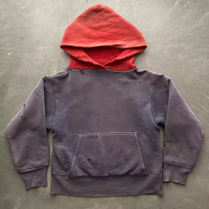 Fabricants de sweats à capuche courts en coton, patchwork bicolore, vintage, délavé, effet soleil, délavé à l'acide, pour hommes - Product Image 1