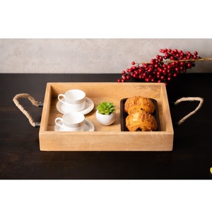 Plateau de service rectangulaire en bois écologique avec poignée en corde, plateau décoratif en bois, plateau à pain et à café en gros, plateau de service en bois - Product Image 1