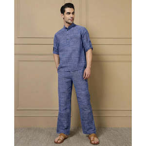 Amanush Men's Blue Cotton Textured Plaid Co-ord Set Mandarin Collar Kurta <b>Pyjama</b> Set Casual <b>Summer</b> Wear Breathable Full Length - Product Image 1