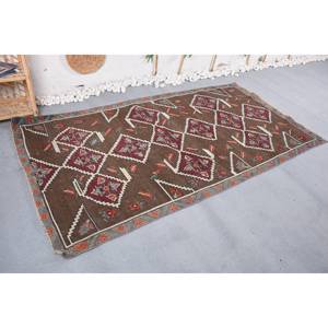 Alfombra Kilim Vintage en marrón y rojo de 4,3 pies X 7,7 pies yute de tejido plano clásico con respaldo de látex trenzado Technics Patchwork Pattern - Product Image 3