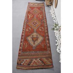 พรมขนสัตว์แนววินเทจสีส้มขนาด2.6x9.6ฟุตแผ่นยางหนา10มม. ดีไซน์สี่เหลี่ยมขนาดใหญ่สำหรับห้องนอน/นั่งเล่นสำหรับวัยรุ่น - Product Image 1