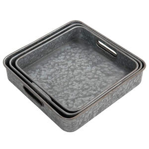 Ensemble de plateaux galvanisés plateau en métal avec poignée en bois Plateau de service en métal en acier galvanisé de forme rectangulaire pour la maison Décoratif - Product Image 2