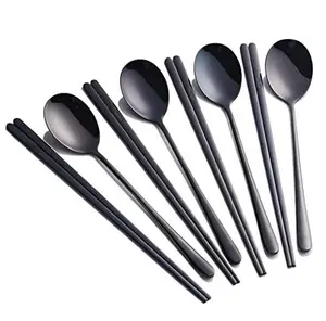 Wholesale Stainless Steel Spoon matte black color Titanium Chopstick Flatware Dinnerware Korean Style Cutlery Set