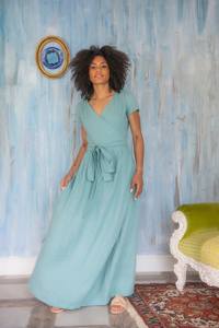 Women's Summer Maxi <b>Dress</b> Long Sleeves Natural Waistline Eco-Friendly <b>Linen</b> <b>Wrap</b> Woven Plain Dyed Fashionable Summer Solid - Product Image 2
