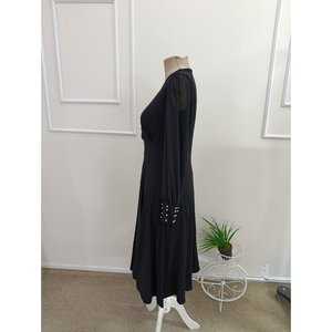 Robe mi-longue en viscose pour femme, à manches longues, col enroulé, avec détails de manches en tulle et embellissements en perles, 37461 - Noir - Product Image 5