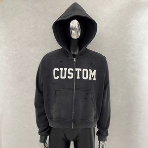 Sweat-shirt à capuche court personnalisé en molleton français vintage 100% coton 500 g/m², coupe ample, délavé à l'acide, décoloré par le soleil, impression DTG, effet usé - Product Image 1