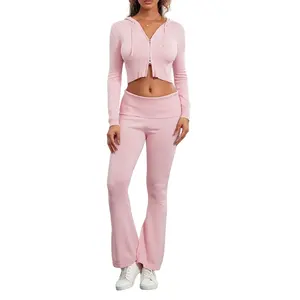 Sudaderas con capucha de alta calidad para mujer, chándal, Top corto de algodón con bolsillos, pantalones, conjunto de 2 piezas, chándal - Product Image 2
