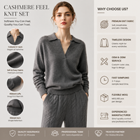 Pull en laine gris uni pour femme, col polo, col en V, épaules tombantes, manches longues, doux et ample