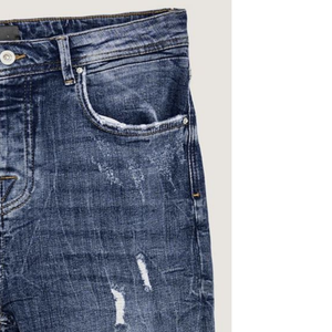 Jean vintage respirant en denim pour homme, coupe crayon, fermeture éclair, taille mi-haute, style décontracté streetwear, effet usé moyen - Product Image 3