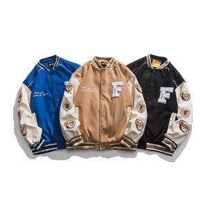 OEM Blouson de baseball à manches plaquées avec lettres imprimées pour hommes, manches en cuir véritable, veste universitaire, bombardier à simple boutonnage - Product Image 1