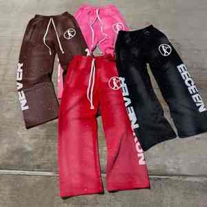 Pantalon décontracté pour homme à jambe large, taille mi-haute, imprimé numérique, peint, imperméable, orné de strass, délavé à l'acide, style jogging sportif - Product Image 1