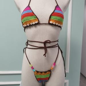 Conjunto de Bikini Personalizado de Fábrica, Sexy, Tejido, con Tirantes Ajustables, Tanga con Lazos, Diseño de Rayas, Traje de Baño - Product Image 2