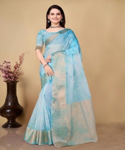 Pure <b>Silk</b> Saree with <b>Organza</b> Blouse for Women Ready to Wear Party Wear Low Price - Product Image 1