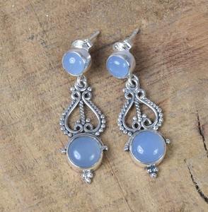 Joyería de plata fina hecha a mano, pendientes clásicos para niñas, calcedonia, Plata de Ley 925 sólida, piedras preciosas naturales, joyería de sello 925 - Product Image 2