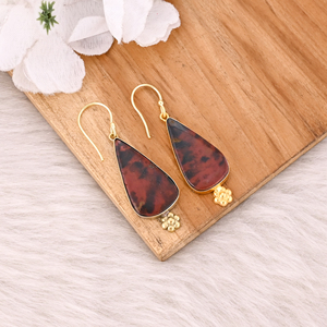 Boucles d'oreilles pendantes en laiton plaqué or de style classique faites à la main avec pierre précieuse jaspe café, boucles d'oreilles longues ovales, fabricant en gros - Product Image 3