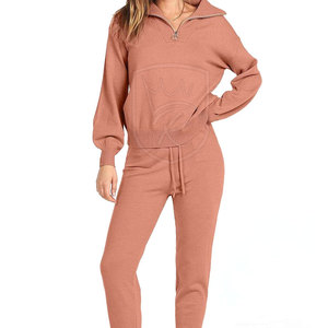 Women's Winter Solid Ribbed <b>Knit</b> <b>Set</b> Two Piece Matching Outfit Long Sleeve Wide Leg Casual Homewear 100% Cotton Eco-Friendly - Product Image 1
