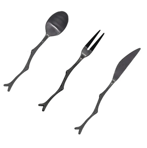 Ensemble de couverts en métal noir pour 3 couverts de table Ensemble de 3 couverts en acier miroir noir mat avec couteaux à steak - Product Image 1